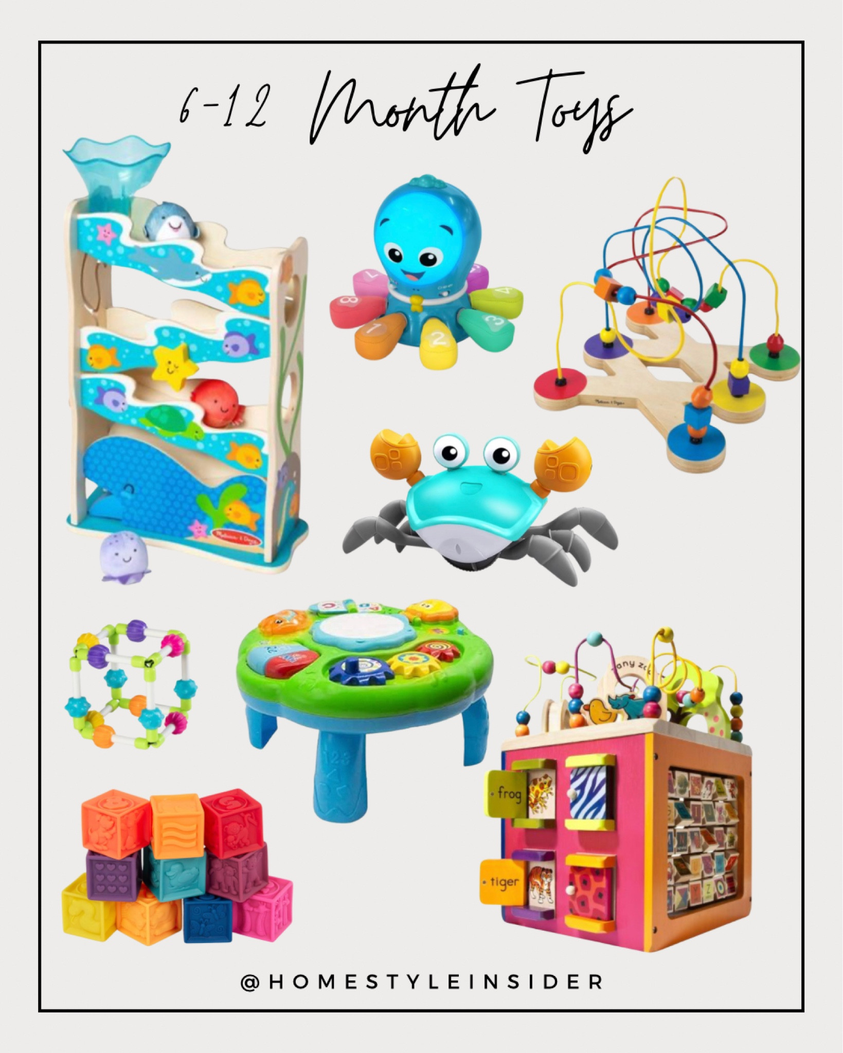 6-12 month baby toys! Such fun ones for your little one to sit and play with, crawl and play with! 

Perfect for a half birthday or a 1st (first) birthday! 

#LTKFamily #LTKBaby #LTKKids