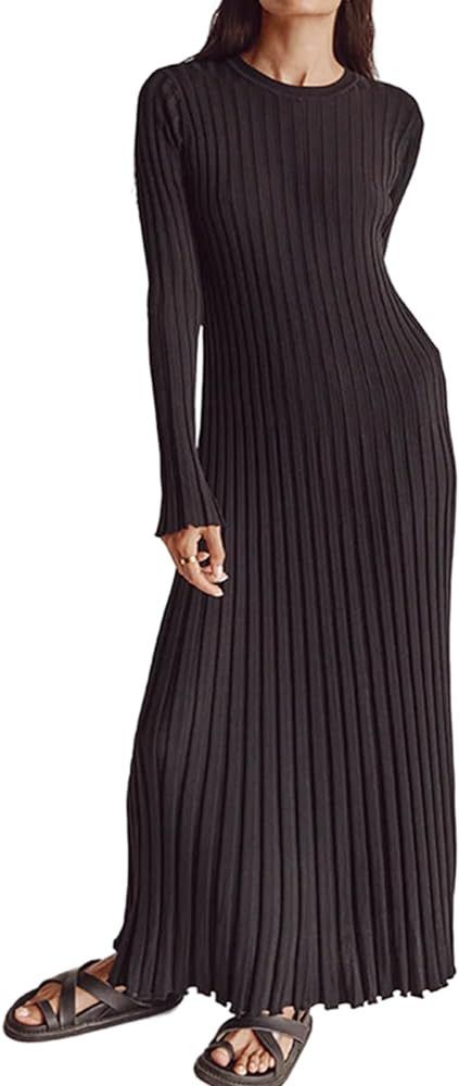 WZTYYDS Women Fall Long Sleeve Knit Dress Elegant Bodycon Dress Crew Neck Ribbed Solid Long Dress... | Amazon (US)
