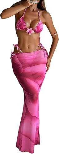 Women's 3 Piece Floral Cheeky Bikini Sets Halter String Swimsuit with Mesh Beach Cover Up Skirt | Amazon (US)