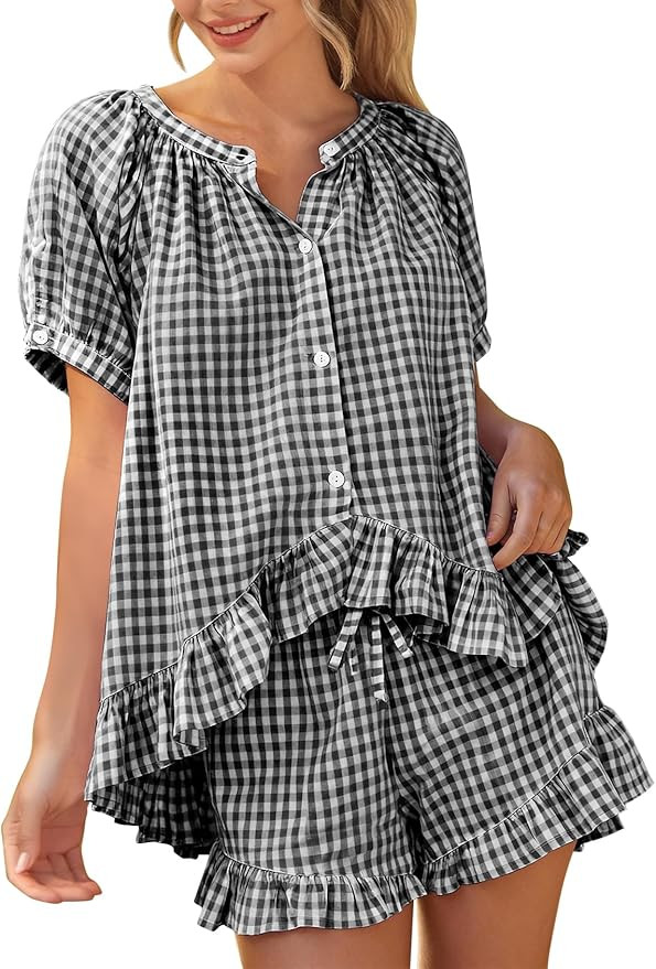 PEHMEA Women's Gingham 2 Piece Pajama Set Cotton Pj Ruffle Babydoll Short Sleeve Shirt Lounge Sho... | Amazon (US)
