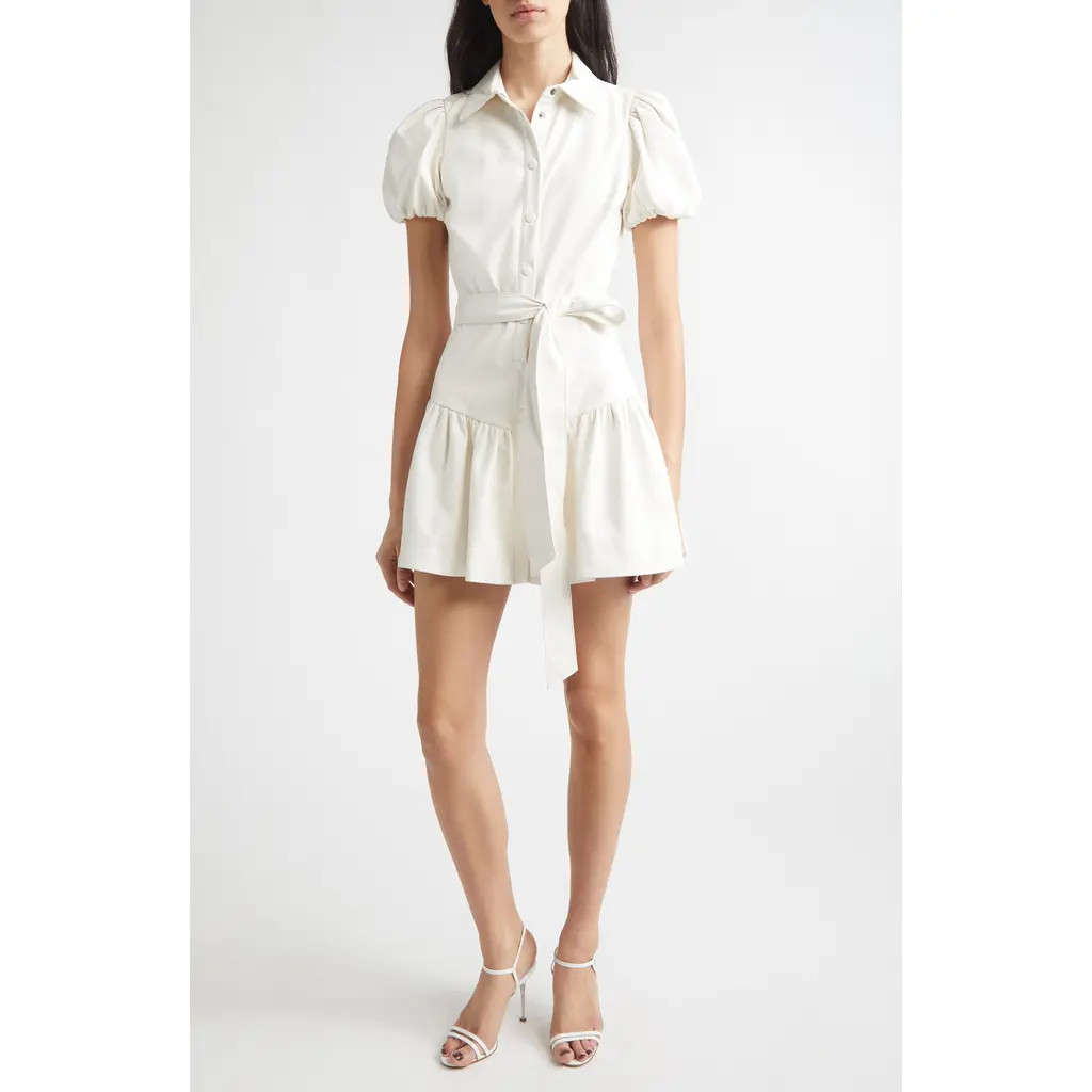 Alice + Olivia Henrietta Tie Belt Faux Leather Tiered Mini Dress in Off White at Nordstrom, Size 2 | Nordstrom
