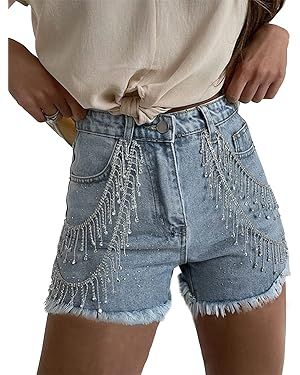 CYLADY Womens Fashion Rhinestone Fringe Jeans Shorts High Waisted Sequins Frayed Hem Denim Shorts | Amazon (US)