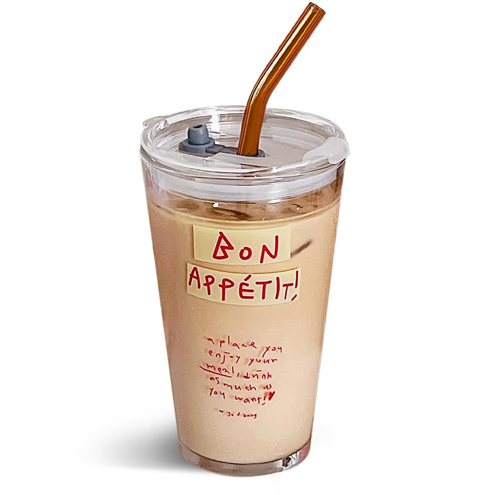 15oz Glass Tumbler with Straw and Lid, Cute Iced Coffee Cups, Aesthetic Glass Cups, Coffee Tumble... | Amazon (US)