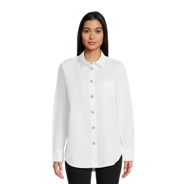 TIME AND TRU LONG SLEEVE JEWEL BUTTON OVERSIZE SHIRT | Walmart (US)