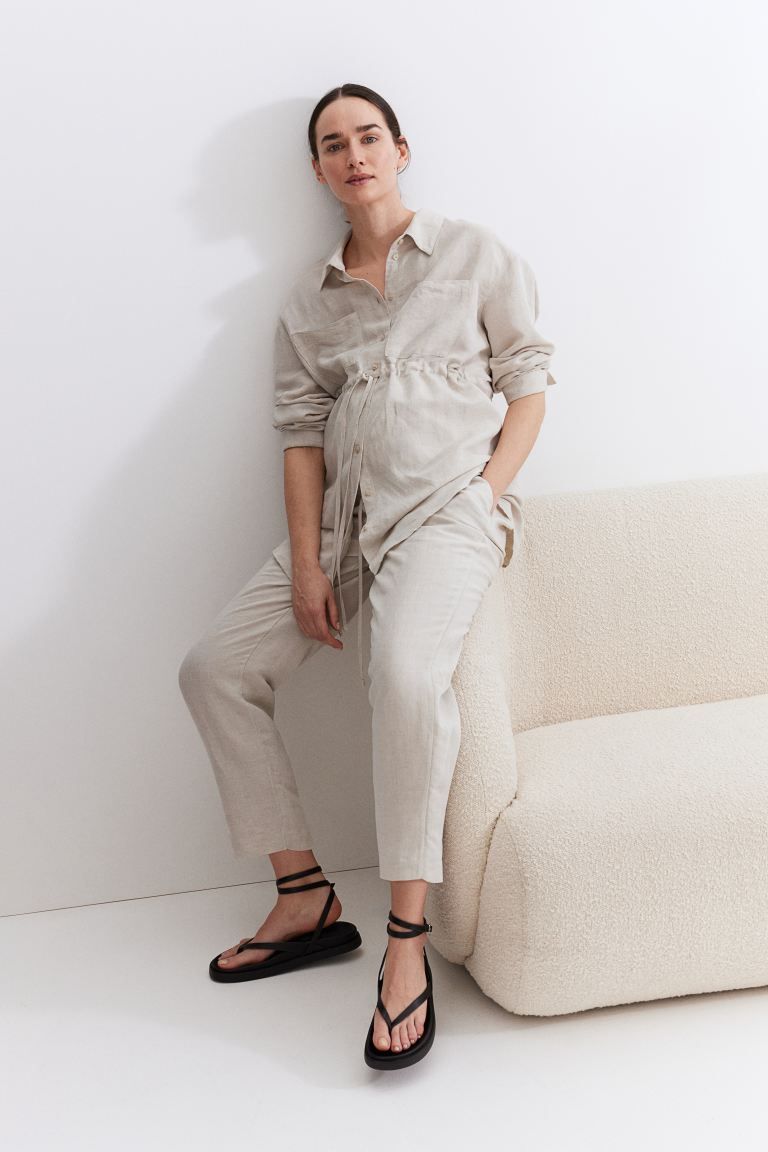 MAMA Linen-blend Pants - Regular waist - Ankle-length - Light beige - Ladies | H&M US | H&M (US + CA)