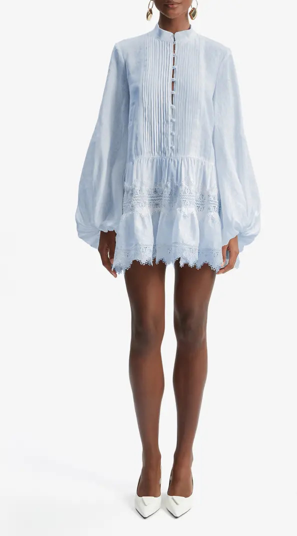 Bardot Antonia Lace Trim Long Sleeve Cotton & Linen Minidress | Nordstrom | Nordstrom