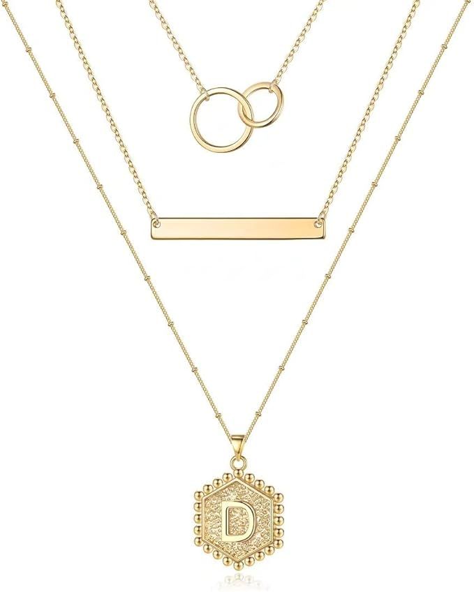 Layered Initial Necklaces for Women, 14K Gold Plated Dainty Infinity Circles Bar Hexagon Letter P... | Amazon (US)