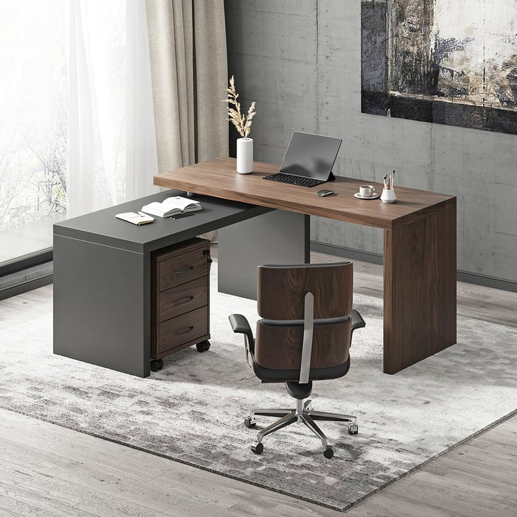 Modern Swivel Desk with Movable File Cabinet Black & Walnut L-Shaped Rotating Desk | Homary | Homary