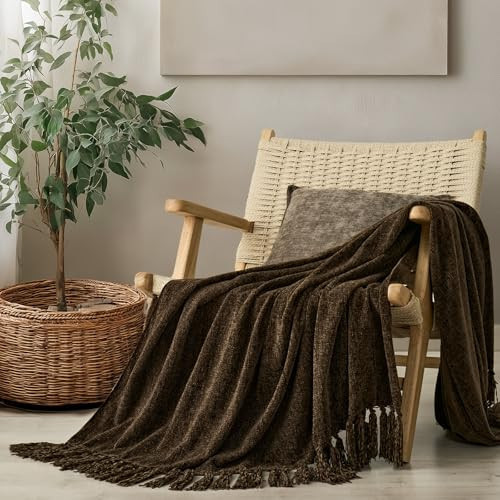 EverGrace Soft Chenille Throw Blanket for Couch, Cozy Plush Fuzzy Decorative Chenille Knit Throw Blanket with Tassels, Lightweight Blanket and Throws for Bed Sofa Gift Home Decor, Dark Brown 50"x60" | Amazon (US)