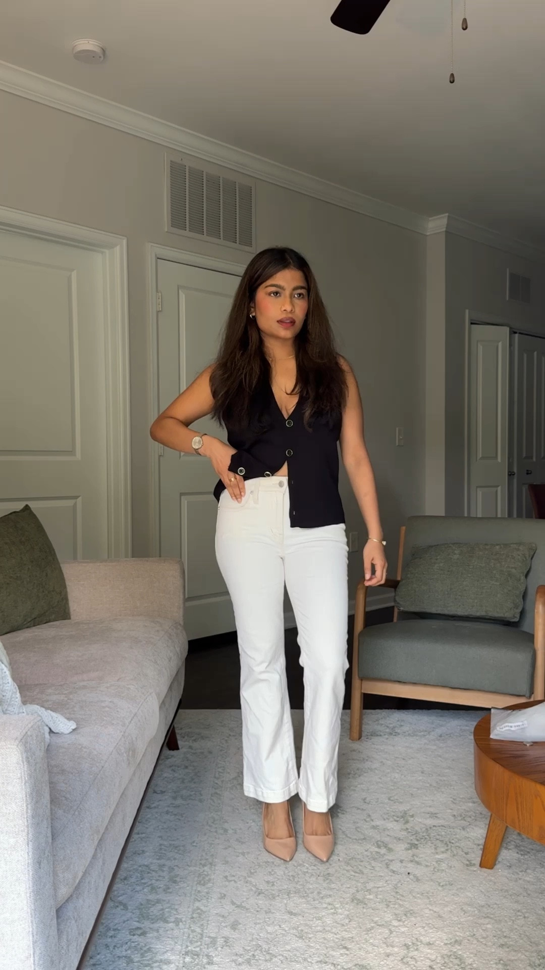 Outfits:
1: button front tank/polo vest (wearing s) paired with ankle length semi bootcut white denim (wearing 25P)
2. Sweetheart neckline blue and white short sleeve linen dress (comes with side zipper and back elastic). Wearing a small (I usually wear smalls in target) but could size down to xs 
3. Tie-front tan shirt dress: Wearing a small (I usually wear smalls in target) but could size down to xs 
4. Mid-waist mom jeans paired with semi-crop white tee. Wearing medium in tee. Jeans sold out but linking similar (size up for looser fit)  

#LTKSeasonal #LTKFindsUnder100 #LTKVideo