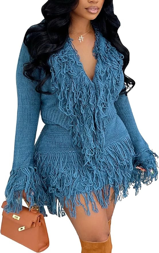 Tbahhir 2 Piece Sweater Skirt Set for Women Fall Long Sleeve Fringe Sweaters Tops and Bodycon Tas... | Amazon (US)