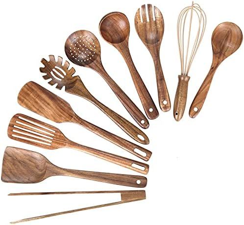 (Without Holder)Kitchen Wooden Utensils for Cooking ,Nonstick Wood Utensil Natural Teak Wood Spoons  | Amazon (US)