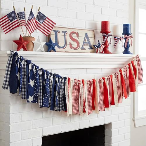 Chumia 8.53ft 4th of July Tassel Garland Vintage Patriotic Fabric Rag Banner Red Blue White Mantel Decoration 250th Anniversary Wall Hanging for Independence Memorial Veterans Day Photo Supplies | Amazon (US)