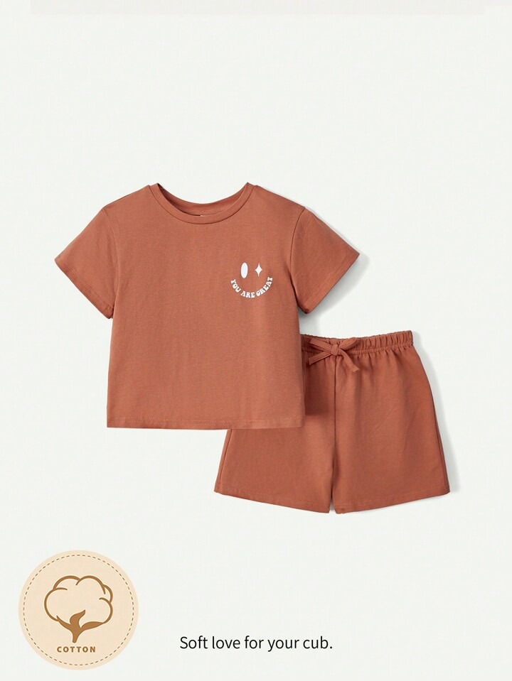 Cozy Cub Baby Boy's Smile Face & Letter Print Round Neck Pullover And Solid Color Shorts 2pcs/Set | SHEIN