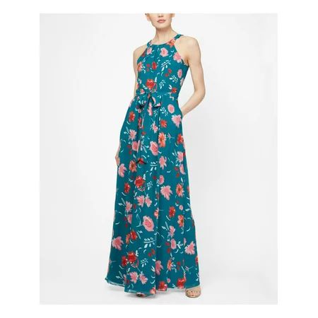 SLNY Womens Teal Belted Floral Sleeveless Halter Maxi Sheath Dress Size 16 | Walmart (US)