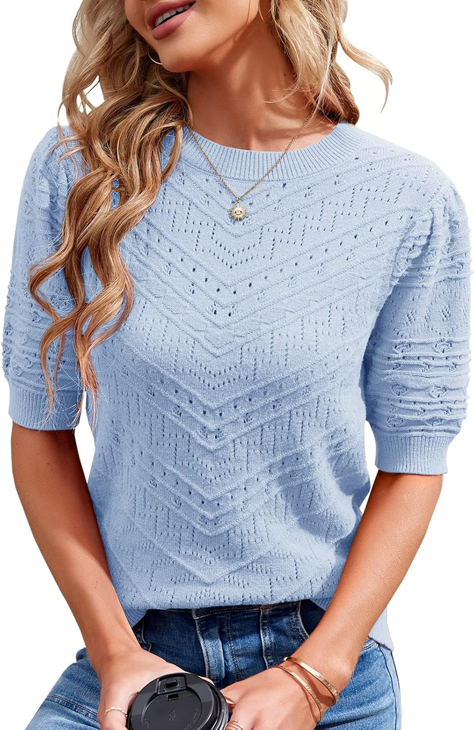 Womens Puff Short Sleeve Sweater Summer Crew Neck Ribbed Knit Pullover Tops | Amazon (US)