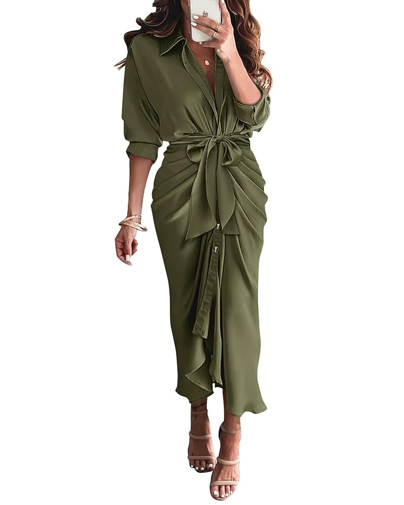 BTFBM Women Long Sleeve Satin Dress 2025 Summer Spring Lapel V Neck Button Down Belted Elegant Ru... | Amazon (CA)