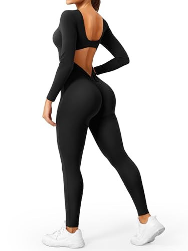 YEOREO Long Sleeve Jumpsuit for Women Workout V Back Bodysuit Lizvette Scrunch Butt Leggings One Piece Romper U Neck Full Length Yoga Bodycon Black Medium | Amazon (US)