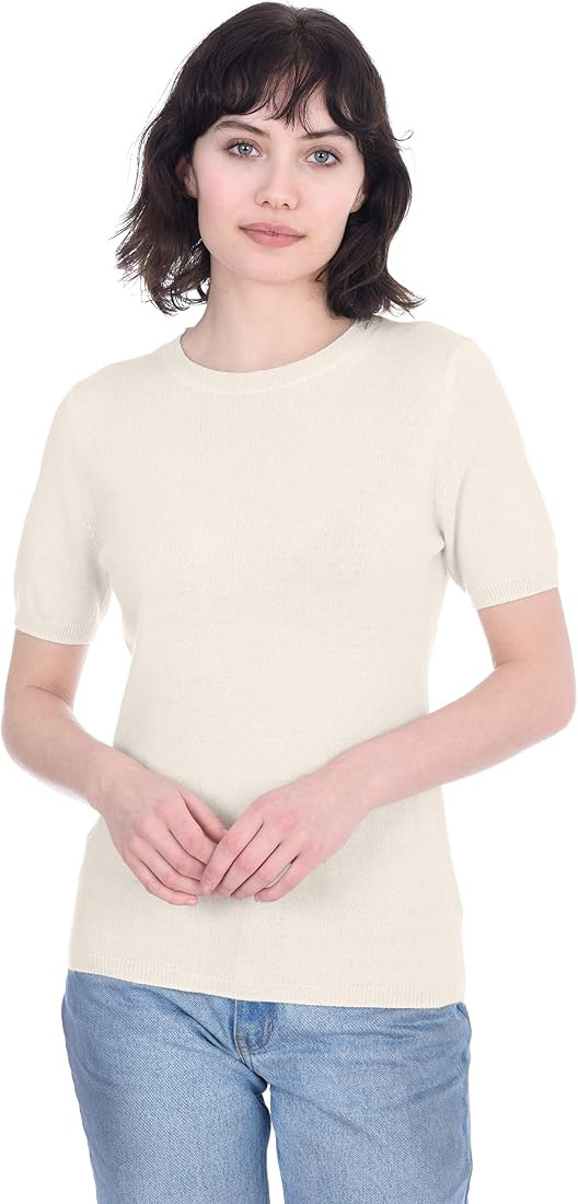 Cashmeren Short Sleeve Crewneck Sweater Top 100% Cashmere Jewel Neck Pullover Tee for Women | Amazon (US)