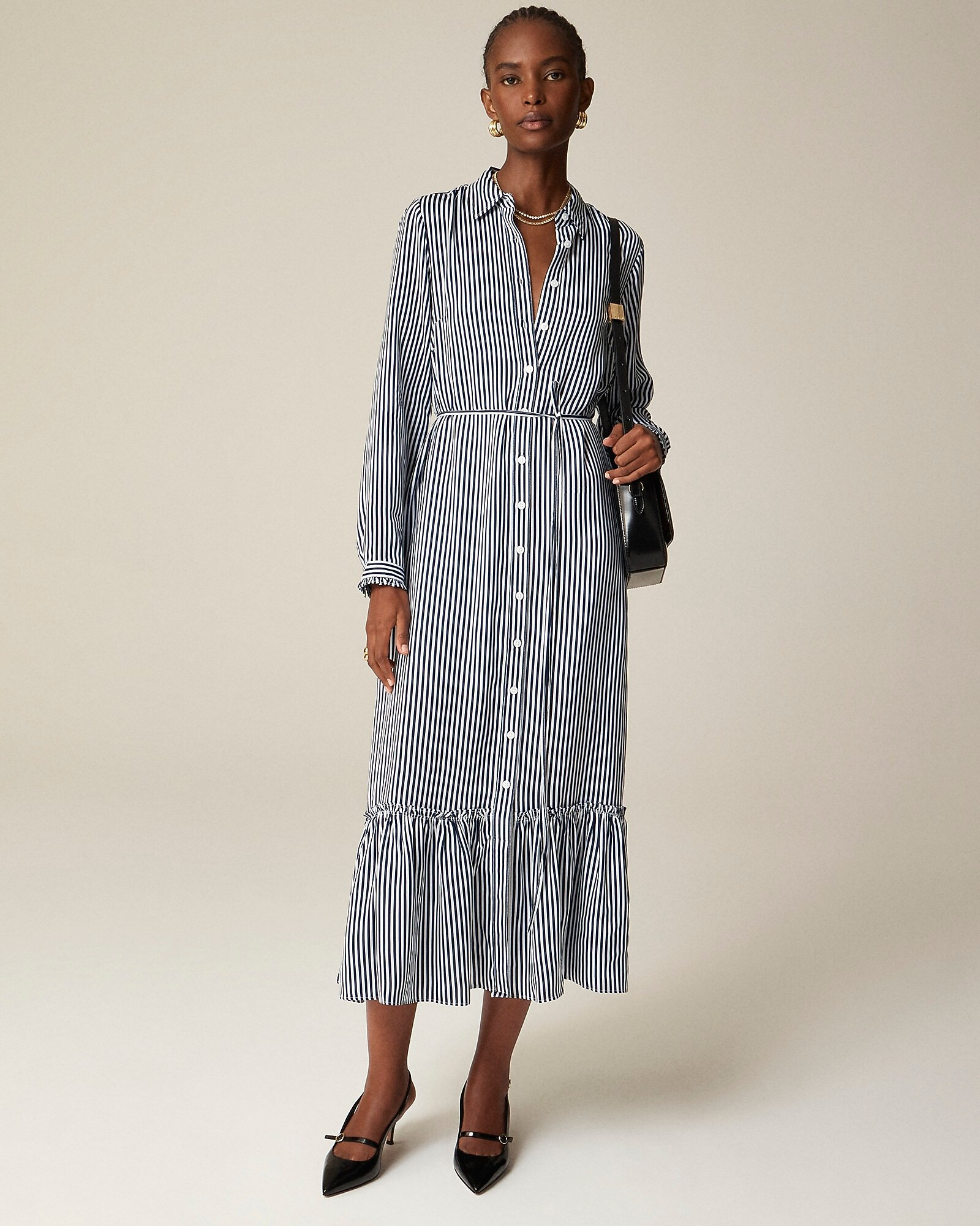 Long Amelia shirtdress in striped drapey viscose twill | J. Crew US