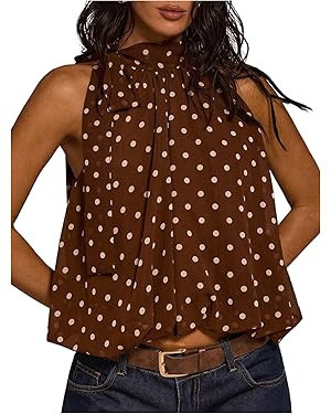 MakeMeChic Women's Polka Dots Halter Bubble Top Tie Neck Sleeveless Puffy Dressy Crop Tops | Amazon (US)