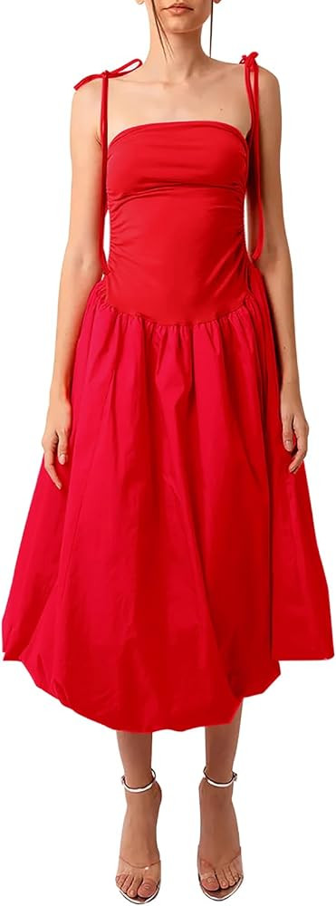 Women Tie Shoulder Midi Dress Spaghetti Strap Bubble Hem Puff Maxi Dress Drop Waist Vocation Summ... | Amazon (US)