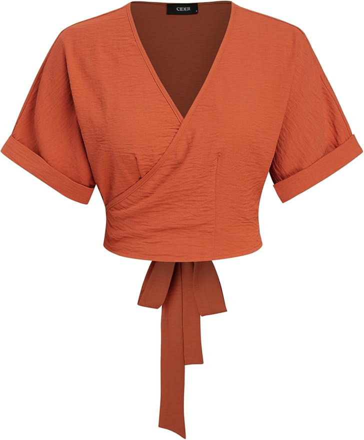 CIDER Miami Sunset Vacation V-Neck Wrap Knotted Crop Short Sleeve Top | Amazon (US)