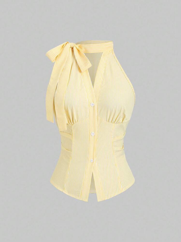 Sweetra Women's New Arrival Sleeveless Bowknot Waist Slim Striped Blouse | SHEIN