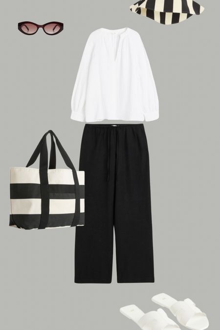 Monochrome summer with cheeseclothtop, black linen trousers, a striped bag, striped hat, flat sandals and oval sunglasses. 