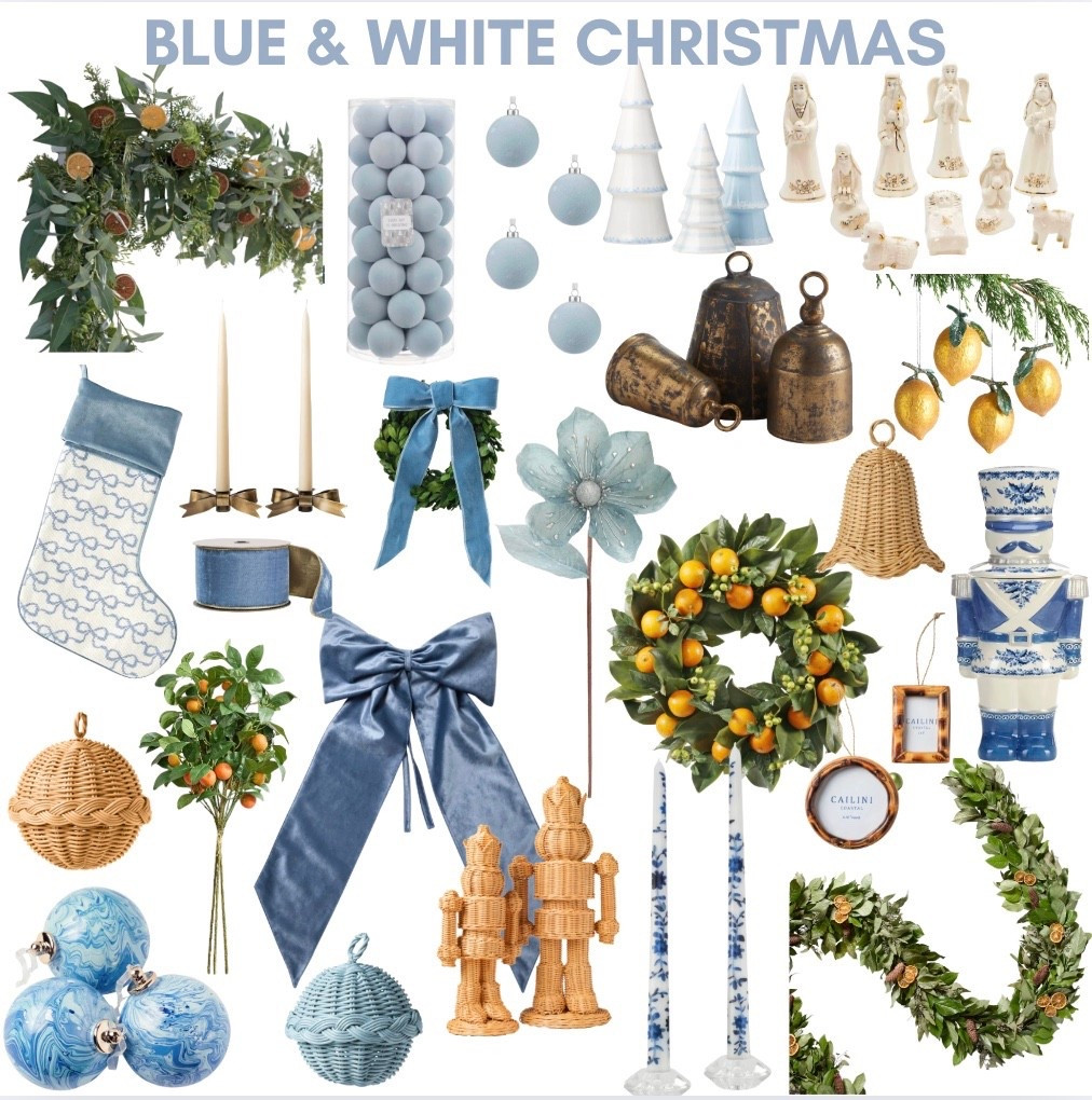 Blue and white Christmas. Rattan. Wicker. Citrus. Orange. Clementine. Lemon ornaments. Needlepoint stocking. Blue ornaments. Blue Christmas trees. Nativity scene. Grandmillennial. Brass bells. Rattan ornaments. Blue nutcracker. Taper candles. Burnt bamboo. Scorched bamboo. Orange stems. Oversized tree ribbon. Taper candle holders. Bows. 

#LTKHoliday #LTKHome #LTKSeasonal