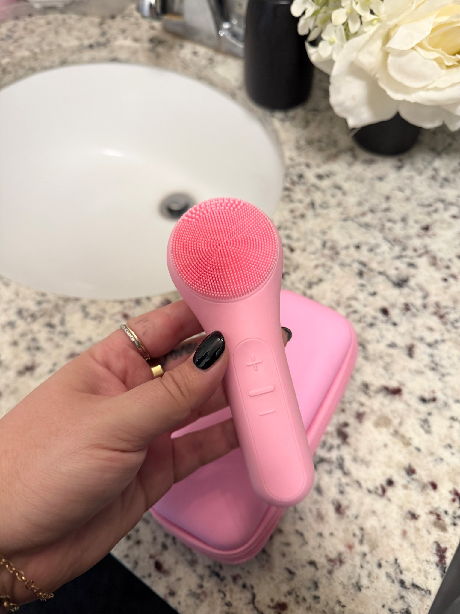 When I can’t bring my face brush and charger for travels, I use this! It’s silicone & works great!
