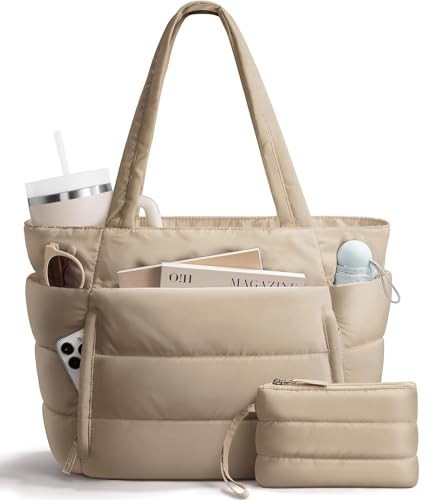 Bagstellar Puffer Tote Bag for Women, Lightweight Puffy Work Handbag Teacher Nurse Quilted Shoulder Bag for School Travel Gym, Camel, L | Amazon (UK)