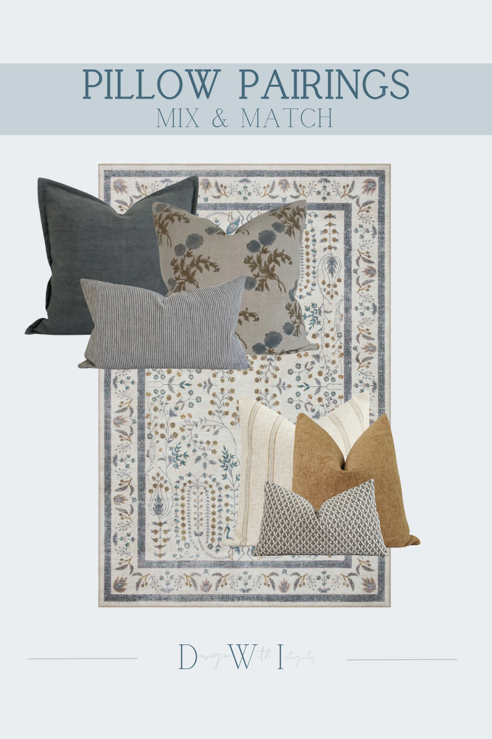 The best pillow pairings do not simply match. They create a conversation between color, pattern and texture.

Inspired by the softly patterned rug, these combinations pull together smoky blue, charcoal, warm camel, cream and muted botanical tones for a layered, collected look. The larger floral print creates a natural focal point, while subtle stripes and petite repeating patterns provide contrast without competing for attention. Solid and lightly textured pillows give the eye a place to rest and help ground the more decorative prints.

I especially love how the warmer camel and taupe tones keep the cooler blues and grays from feeling too cool, creating a palette that feels inviting, timeless and beautifully lived in.

Shop the curated pillow pairings and rug through my LTK to recreate the look.

#PillowPairings #PillowStyling #RugAndPillowPairing #DesignerDecor #LivingRoomInspiration #InteriorStyling #CollectedHome #NeutralHomeDecor 

 #LTKHome