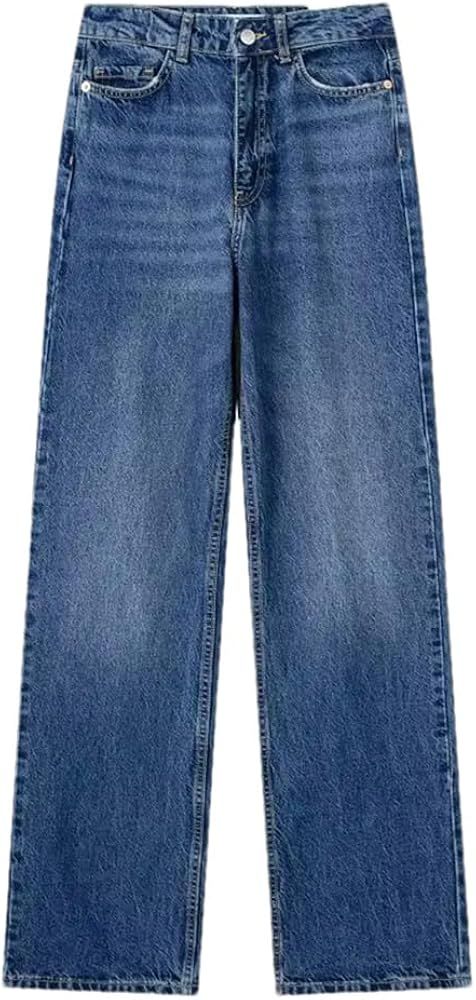 Women's High Waist Jeans Blue Straight Denim Trousers Autumn Zip Fly Trousers | Amazon (US)