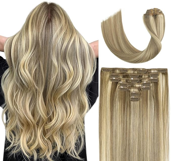 VARIO HAIR Clip in Hair Extensions Blonde Highlighted Human Hair Balayage Hair Extensions Mixed B... | Amazon (US)