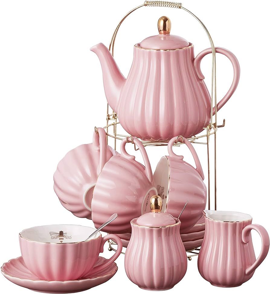 Amazon.com | Jusalpha Fine China Pink Coffee Cup/Teacup Set, 8 OZ Cups& Saucer Service for 4, wit... | Amazon (US)