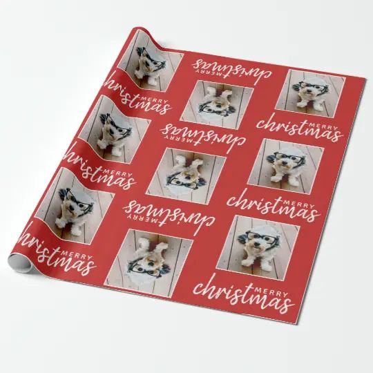 Merry Christmas with One Square Photo - red Wrapping Paper | Zazzle.com | Zazzle