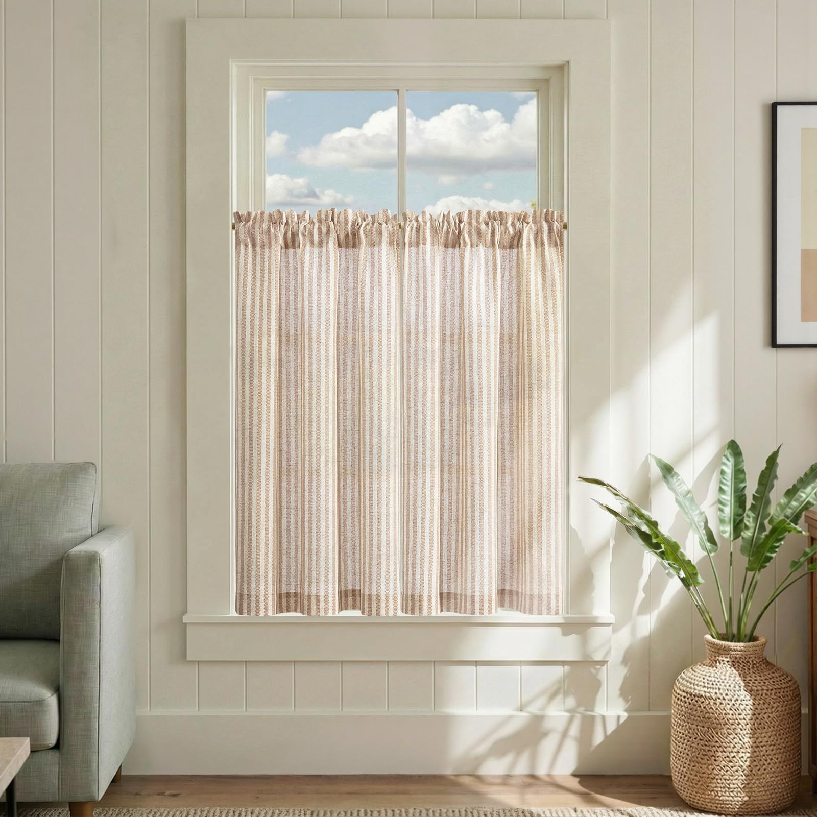 jinchan Striped Linen Kitchen Curtains 36 Inches Length Tier Curtains Farmhouse Modern Cafe Style... | Amazon (US)