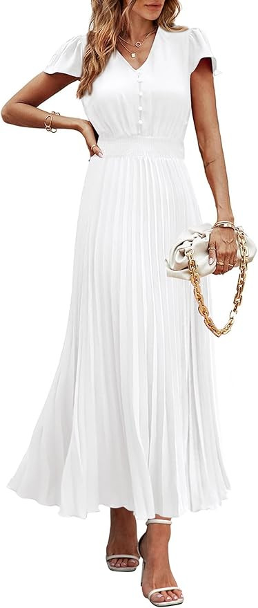 PRETTYGARDEN Women's Summer Maxi Dresses 2025 Trendy Casual Button V Neck Ruffle Cap Sleeve Long ... | Amazon (US)