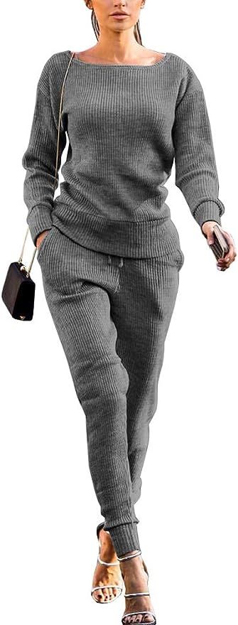 Womens Fall Rib-Knit Long Sleeve Pullover Sweater Top Drawstring Long Pants Set Two Piece Outfits... | Amazon (US)