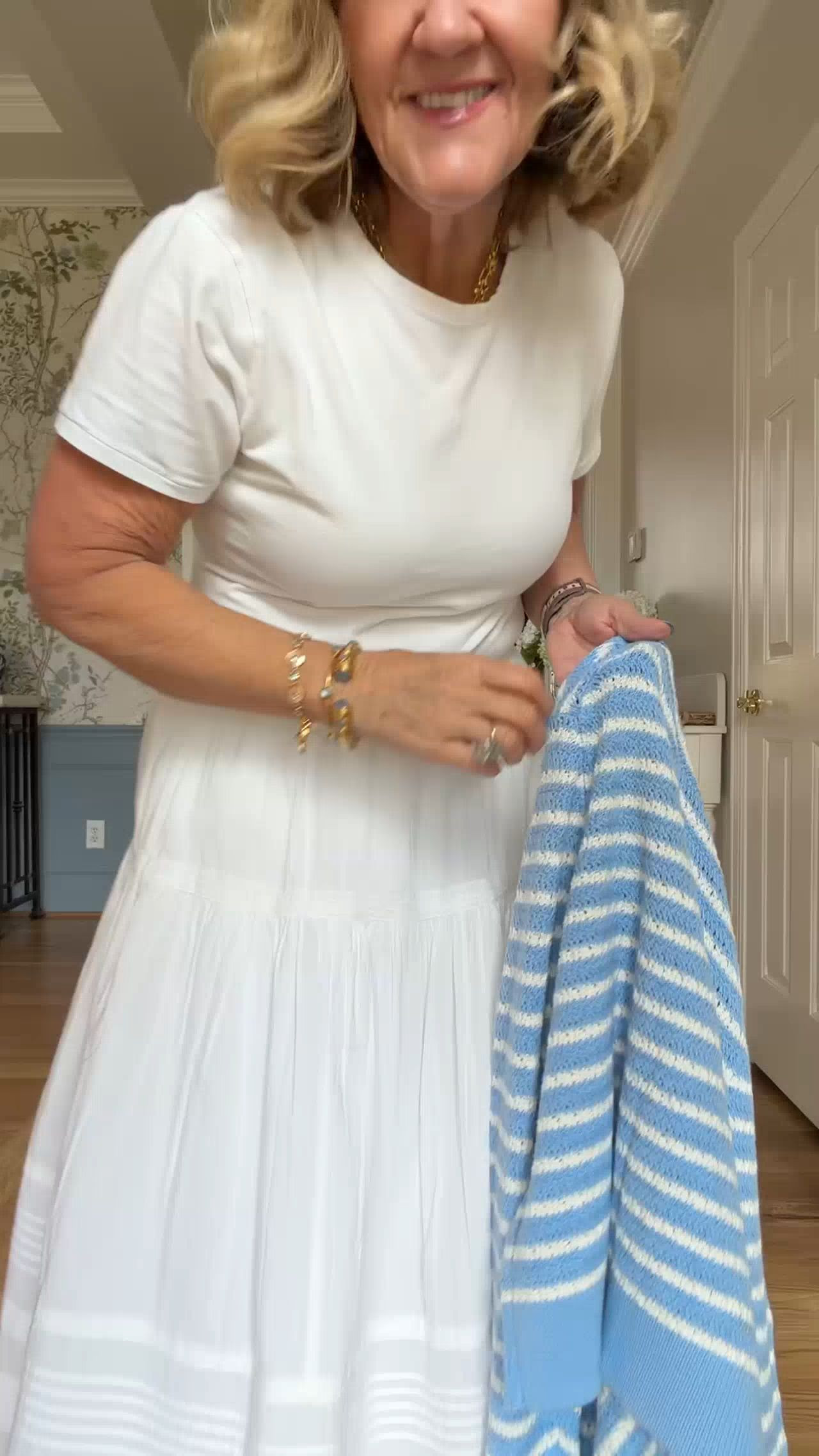  Skirt size small short 
Tee size large 
Sweater size medium 


 

#LTKSeasonal #LTKOver40 #LTKSaleAlert