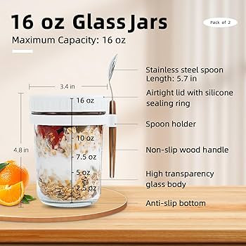 SMARCH Overnight Oats Jars with Lid and Spoon Set of 2, 16 oz Large Capacity Airtight Oatmeal Con... | Amazon (US)
