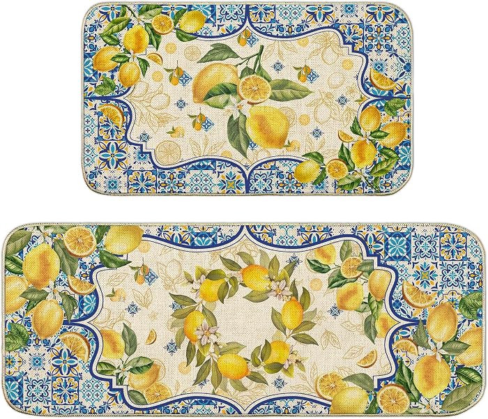 Lemon Kitchen Mat Yellow and Blue Mediterranean Kitchen Rug Summer Decor Tile Flower Pattern Kitc... | Amazon (US)