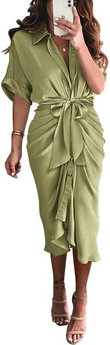 BTFBM Women 2024 Button Down Ruched Shirt Dresses Short Sleeve Lapel V Neck Elegant Party Spring ... | Amazon (US)