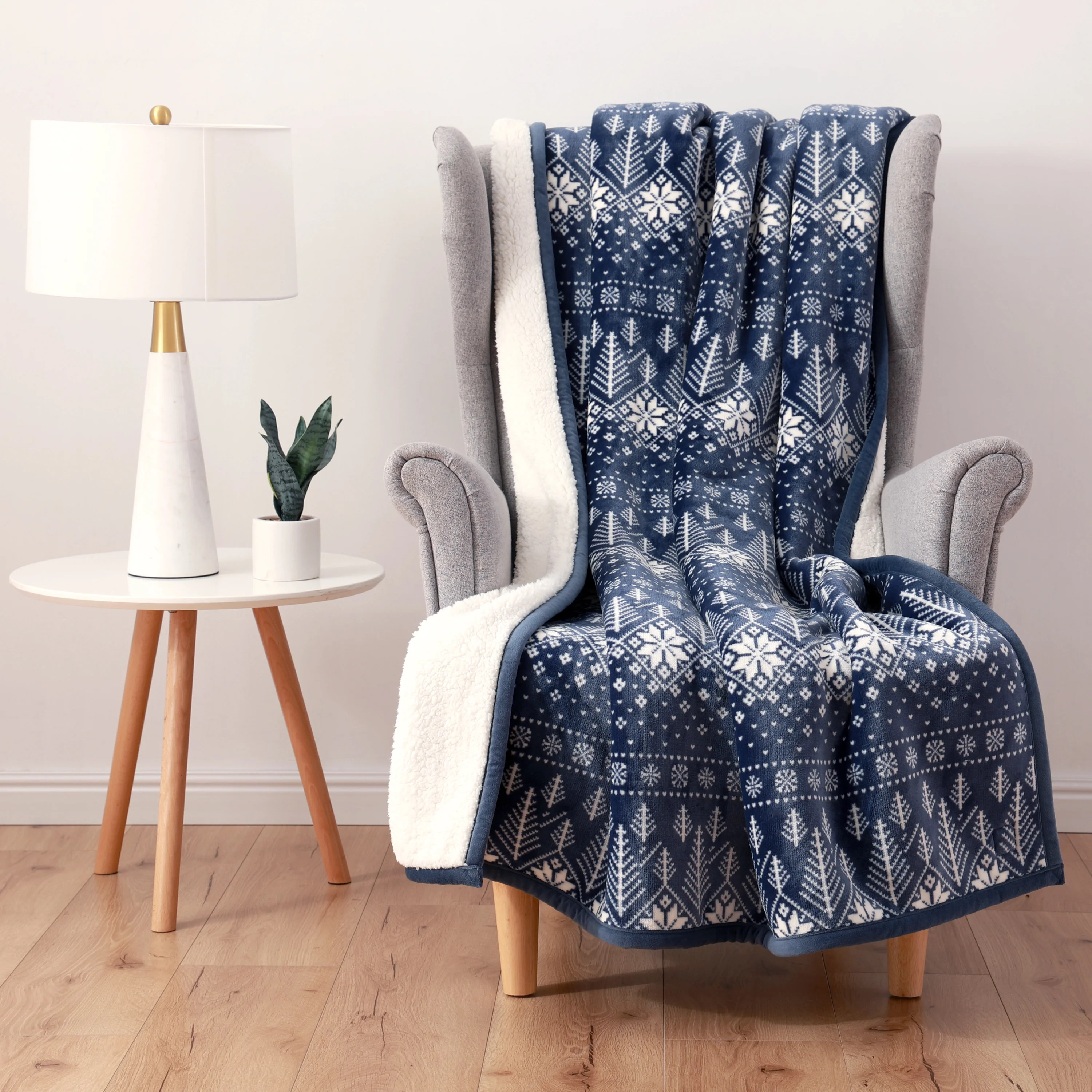 Better Homes & Gardens Velvet Plush Sherpa Throw Blanket, Blue Fair Isle, Oversized | Walmart (US)