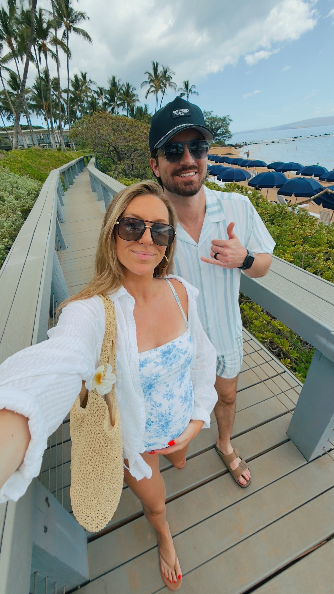 Maui vacation outfits! Wearing a medium in the swimsuit (normally a small without the bump). G is wearing a large in both his top and shorts 