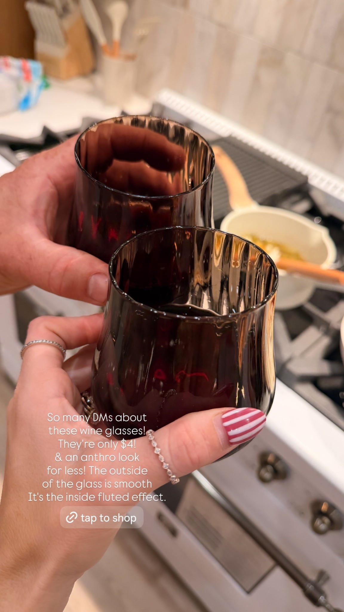 So many DMs about
these wine glasses! 
They're only $4!
& an anthro look
for less! The outside 
of the glass is smooth
It's the inside fluted effect.