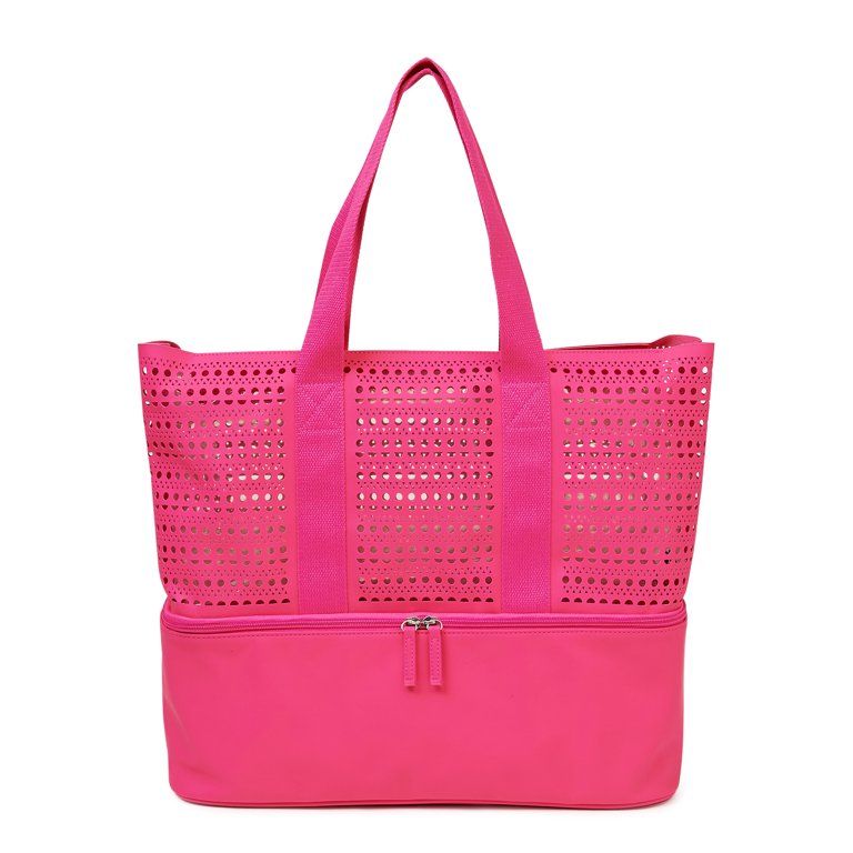 No Boundaries Women’s Zip Bottom Beach Tote Handbag, Pink Perforated | Walmart (US)