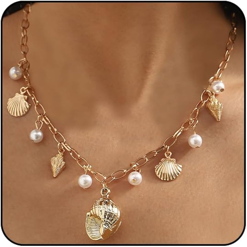 Beach Necklace Gold Charm Necklace for Women Pearl Shell Pendant Beach Vacation Jewelry for Women | Amazon (US)