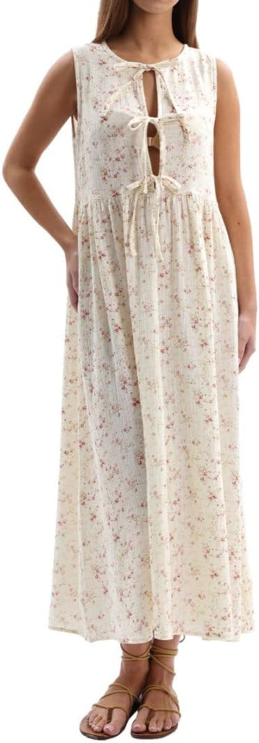 Amazhiyu Womens Cotton Gauze Floral Tie Front Crew Neck Sleeveless Maxi Dress | Amazon (US)